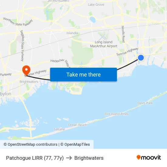 Patchogue LIRR (77, 77y) to Brightwaters map