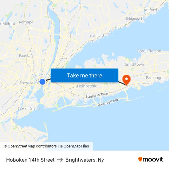 Hoboken 14th Street to Brightwaters, Ny map