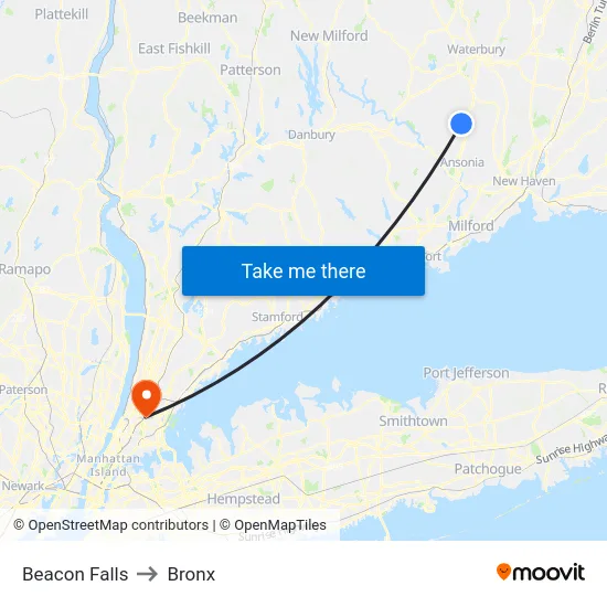 Beacon Falls to Bronx map