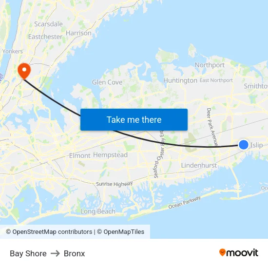 Bay Shore to Bronx map