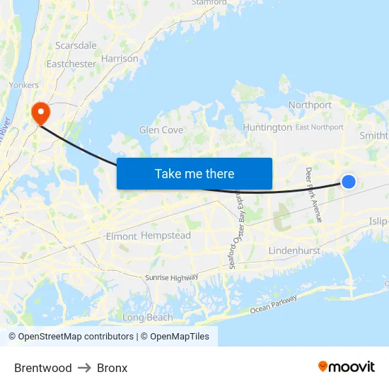 Brentwood to Bronx map