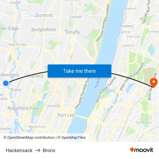 Hackensack to Bronx map