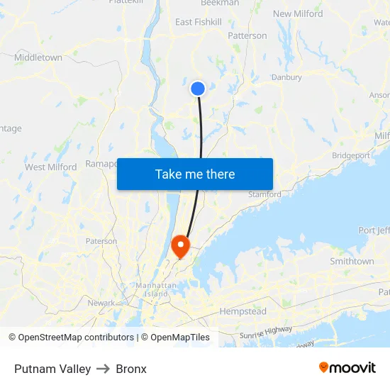 Putnam Valley to Bronx map
