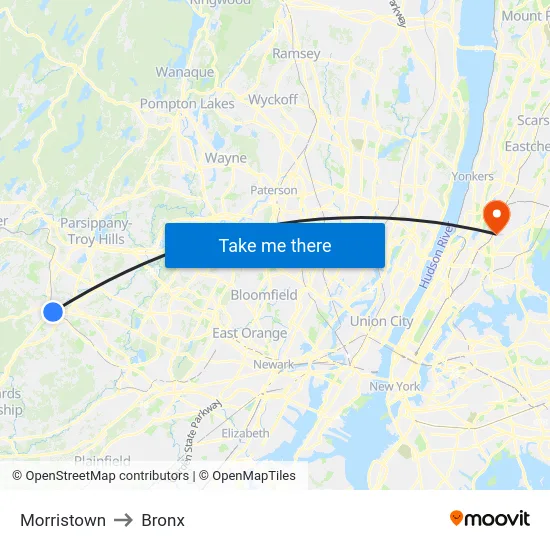 Morristown to Bronx map