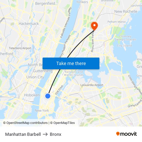 Manhattan Barbell to Bronx map