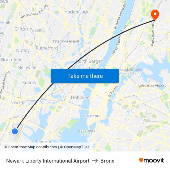 Newark Liberty International Airport to Bronx map