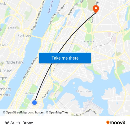 86 St to Bronx map