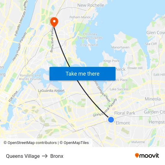 Queens Village to Bronx map