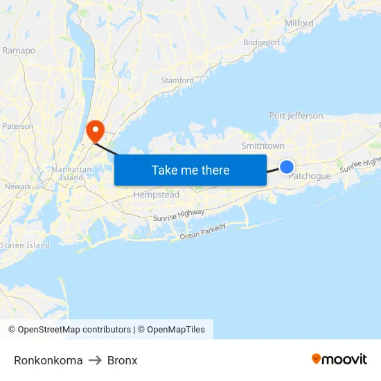 Ronkonkoma to Bronx map