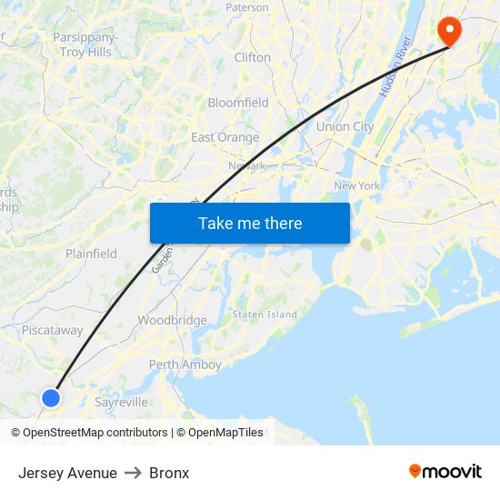 Jersey Avenue to Bronx map