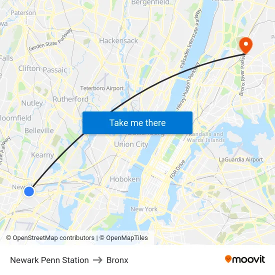 Newark Penn Station to Bronx map