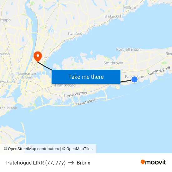 Patchogue LIRR (77, 77y) to Bronx map