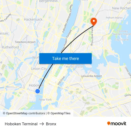 Hoboken Terminal to Bronx map
