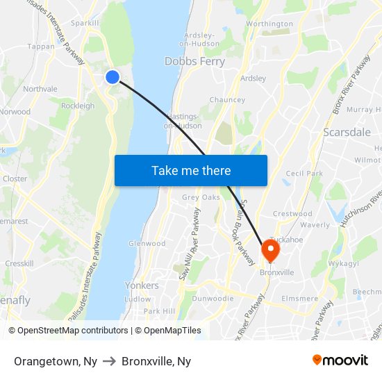 Orangetown, Ny to Bronxville, Ny map