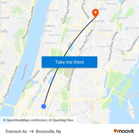 Tremont Av to Bronxville, Ny map