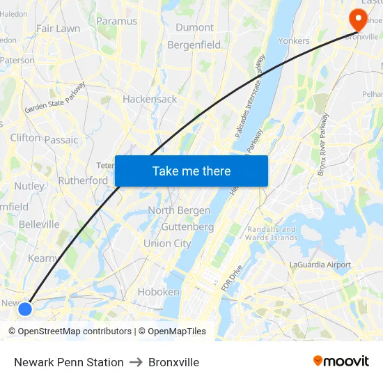 Newark Penn Station to Bronxville map