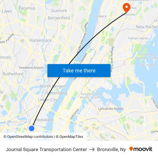 Journal Square Transportation Center to Bronxville, Ny map