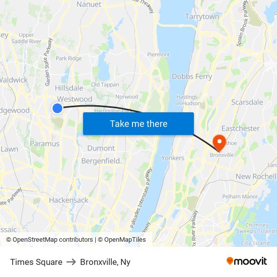 Times Square to Bronxville, Ny map