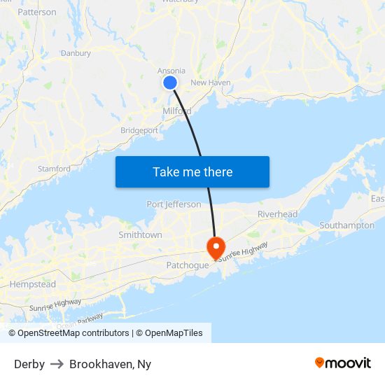 Derby to Brookhaven, Ny map