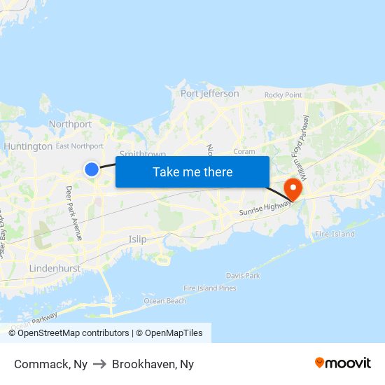 Commack, Ny to Brookhaven, Ny map