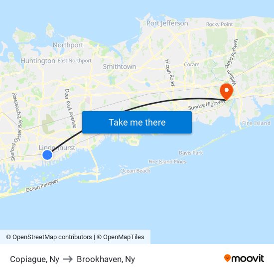 Copiague, Ny to Brookhaven, Ny map