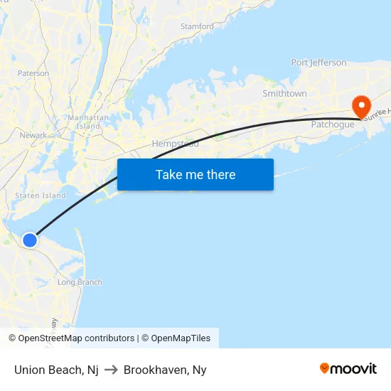 Union Beach to Brookhaven, Ny map