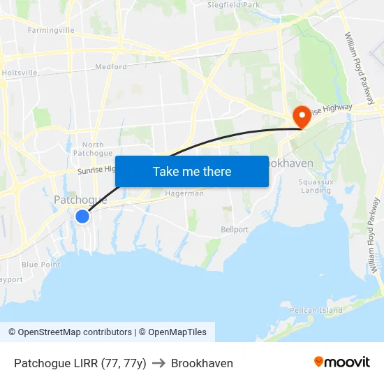 Patchogue LIRR (77, 77y) to Brookhaven map