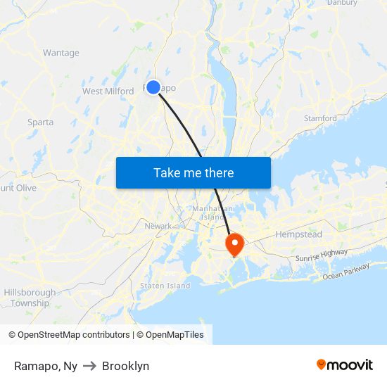 Ramapo, Ny to Brooklyn map