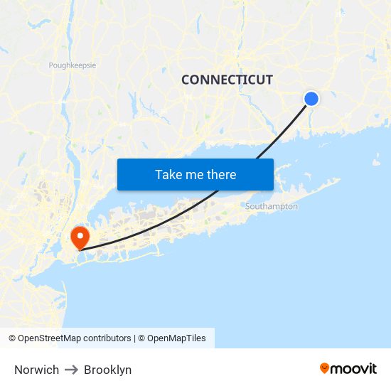 Norwich to Brooklyn map