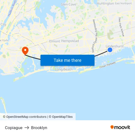 Copiague to Brooklyn map