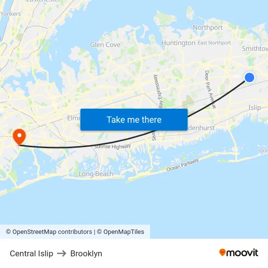 Central Islip to Brooklyn map