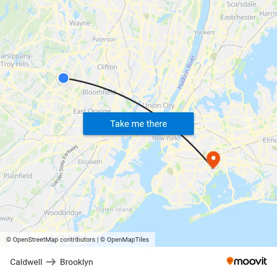 Caldwell to Brooklyn map
