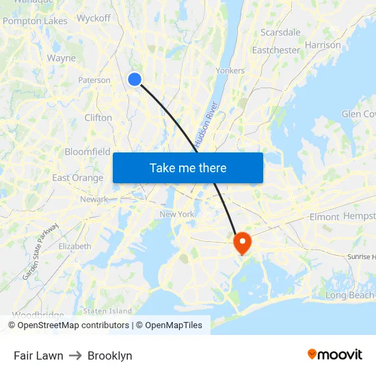 Fair Lawn to Brooklyn map