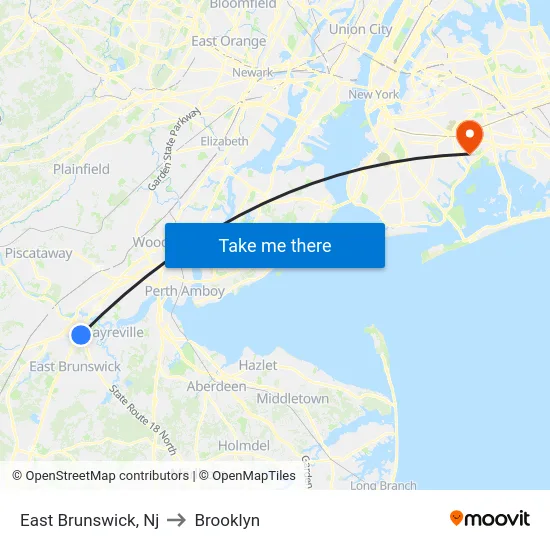 East Brunswick to Brooklyn map