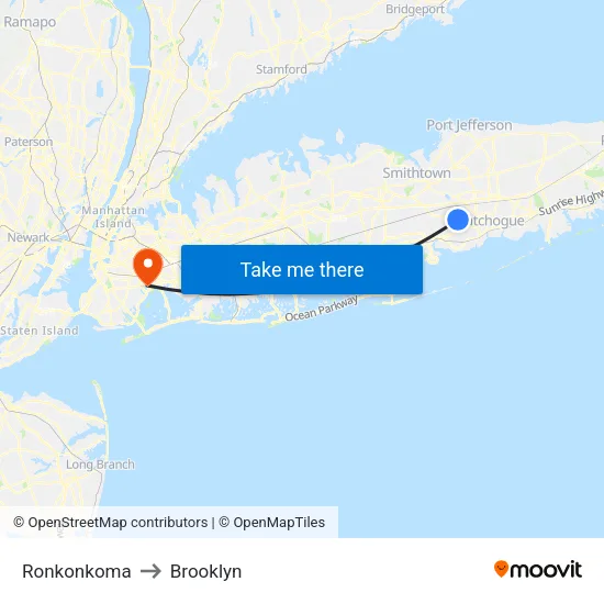 Ronkonkoma to Brooklyn map
