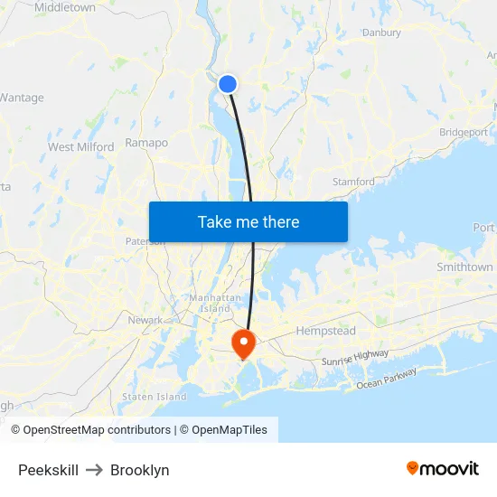 Peekskill to Brooklyn map