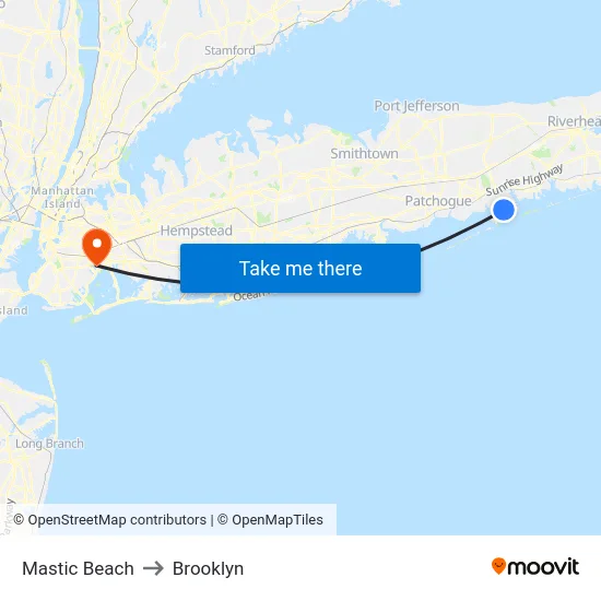 Mastic Beach to Brooklyn map