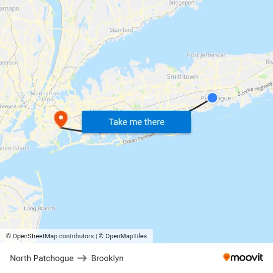North Patchogue to Brooklyn map