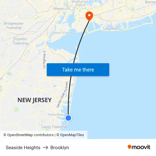 Seaside Heights to Brooklyn map