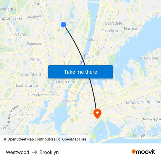 Westwood to Brooklyn map