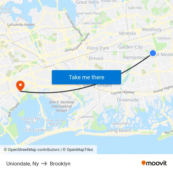Uniondale to Brooklyn map