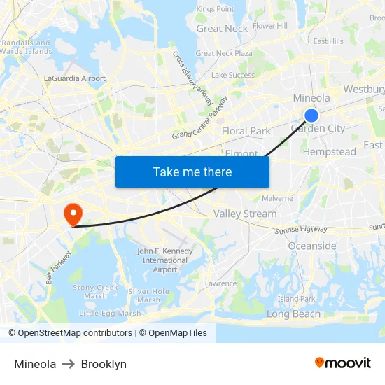 Mineola to Brooklyn map