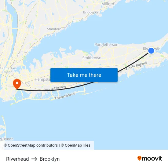 Riverhead to Brooklyn map