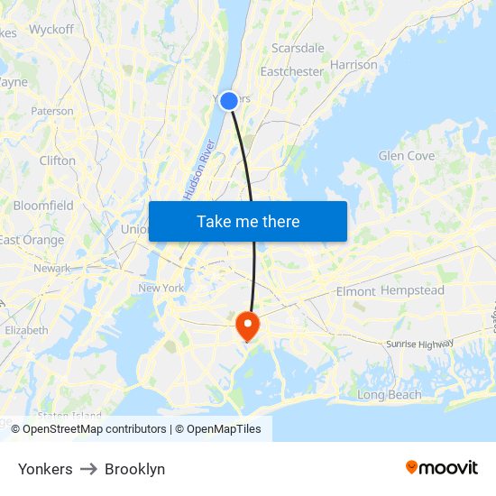 Yonkers to Brooklyn map