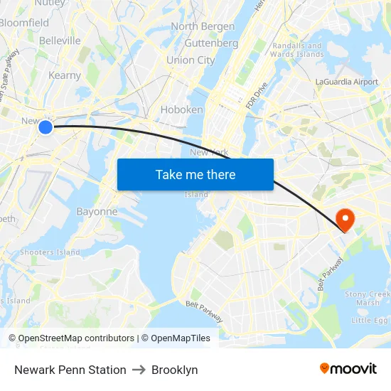 Newark Penn Station to Brooklyn map