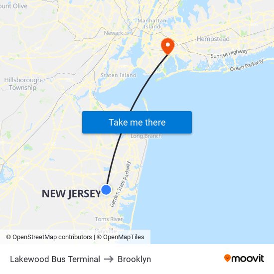 Lakewood Bus Terminal to Brooklyn map