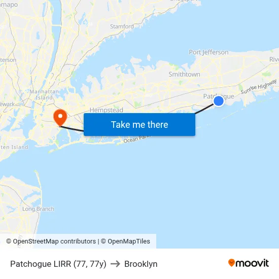 Patchogue LIRR (77, 77y) to Brooklyn map