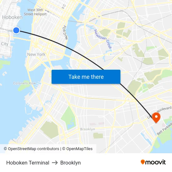 Hoboken Terminal to Brooklyn map
