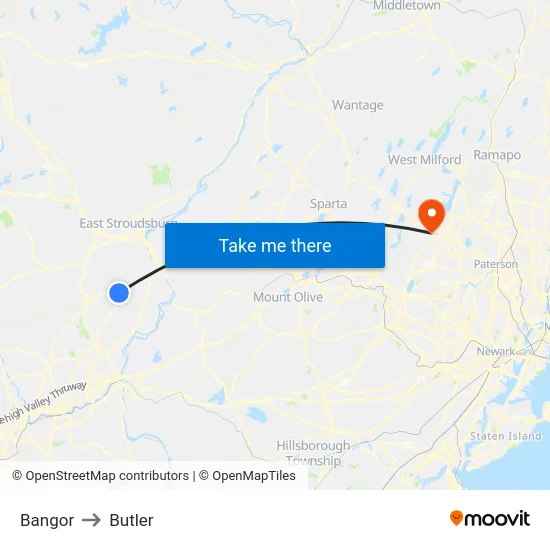 Bangor to Butler map