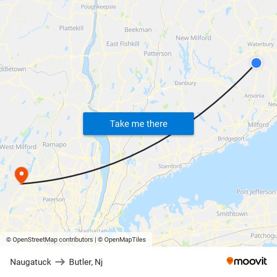 Naugatuck to Butler, Nj map